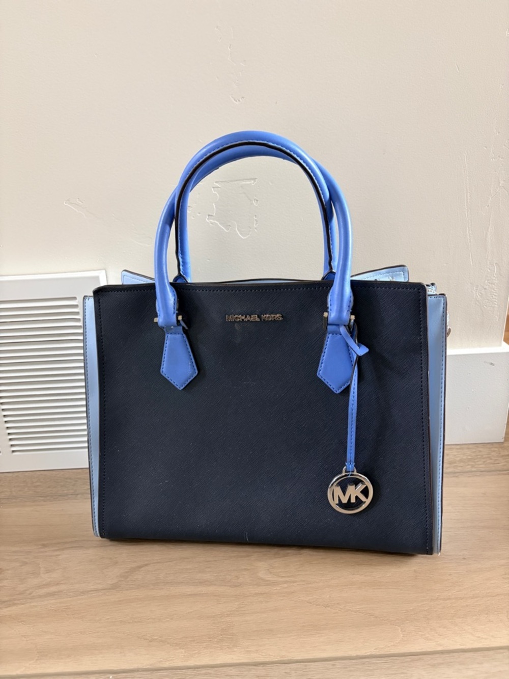 $598 Michael Kors Leather Satchel Purse Handbag Bag Blue Top Handle Tote LARGE